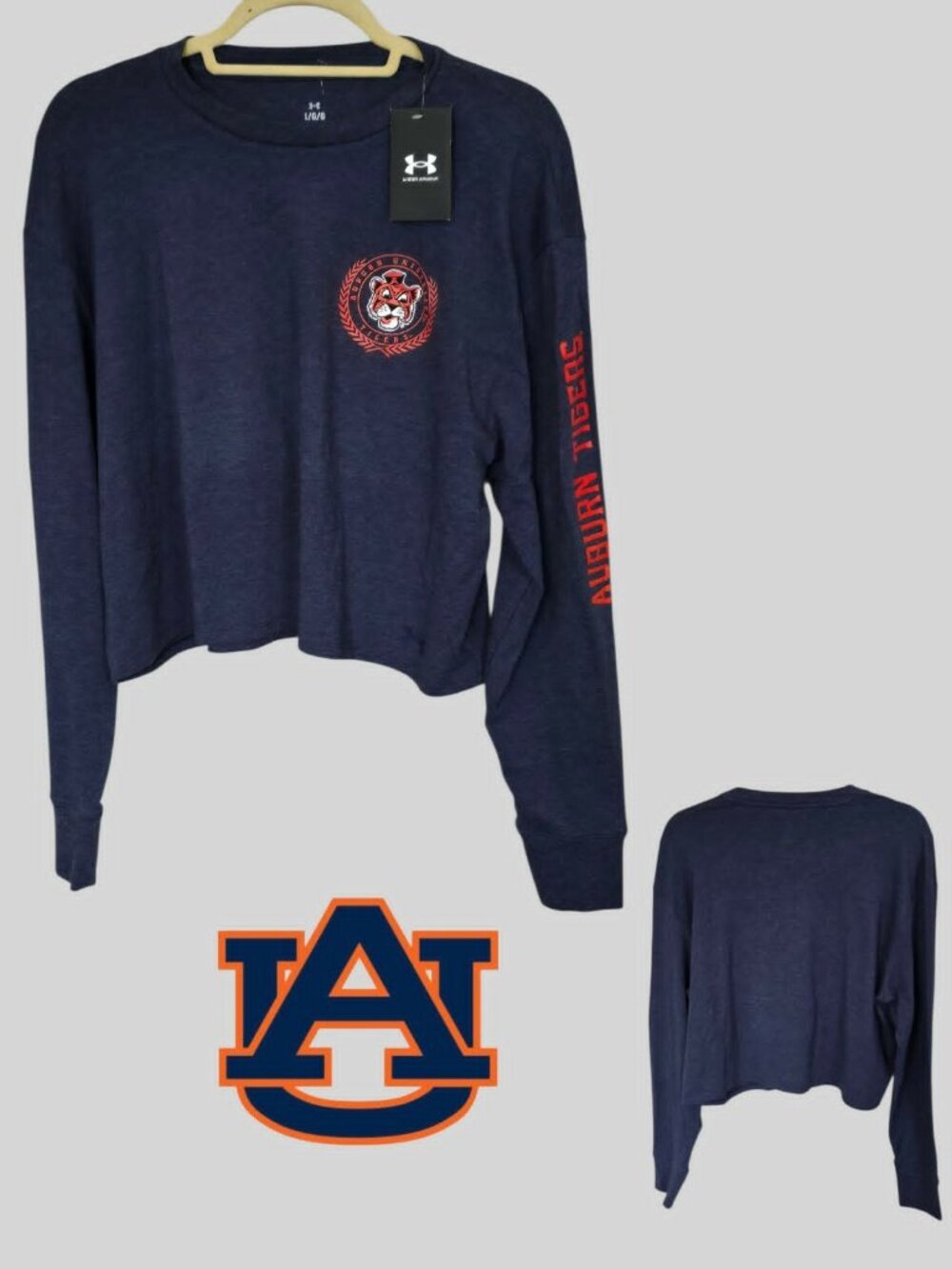 Under Armour Navy Blue Auburn Tigers Football Longsleeve Crop Top Womens L NEW